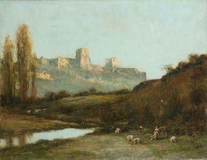 Henri-Joseph HARPIGNIES (1819-1916) 
Paysage à la bergère
Huile sur toile signée...