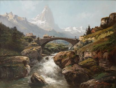 Théodore LEVIGNE (1848-1912) 
Paysage au pont dans la montagne
Huile sur toile signe?e...