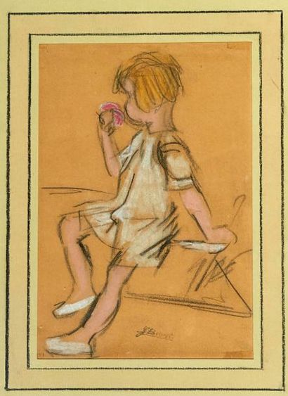 BOURET Germaine (1907-1953) «Petite fille à la pomme «fusain crayon et craie blanche....