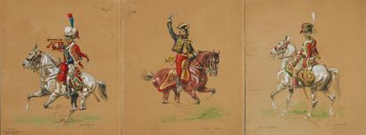 PÉCHAUBÈS Eugène (1890-1967) Chasseurs du 1er Empire à cheval: Ensemble de 3 estampes...