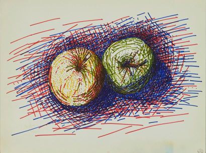 Dora MAAR (1907-1997) «les Pommes de Cézanne» Feutre de couleur sur papier. Cachet...