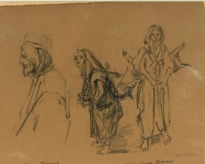 Fremond G. (XIX°) «Jeunes porteuses d'eau et kurde»
Crayon noir sur papier brun signée...