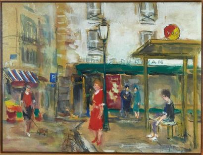 Petitjean P. (XX°) «Scène de rue à Paris» Années 1950.
Aquarelle et gouache sur papier...