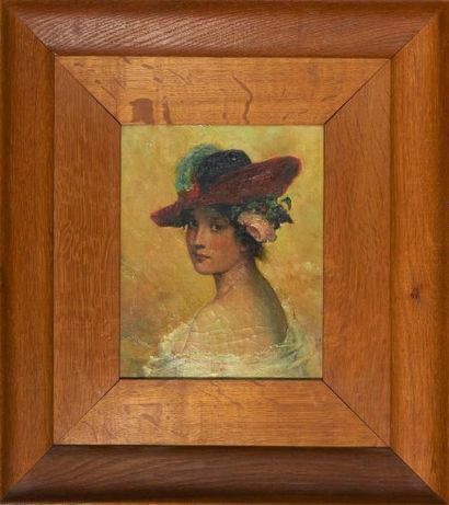 Ecole Française XIX° «Portrait de jeune fille avec son chapeau et la rose dans les...