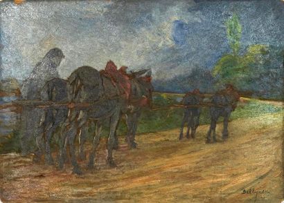 Bellynck Hubert-Emile (1859-?) «Retour des champs» circa 1900.
Huile sur carton signée...