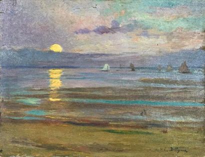 Bellynck Hubert-Emile (1859-?) «Coucher de soleil sur la mer»
Huile sur bois signée...