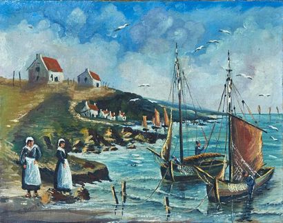 Bouyer G. (XX°) «Paysage avec pécheur et bretonnes»
Huile sur toile signée en bas...