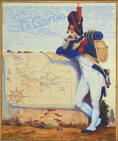 Derrouch Paul (XIX°-XX°) «Grenadier fumant sa pipe devant une carte des batailles...