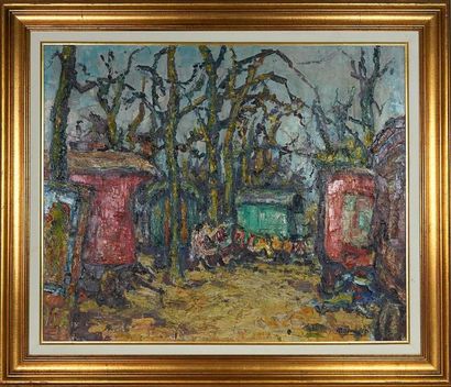 Romand André (1899- 1982) «Campement de gitans»
huile sur contre-plaqué
51x62 cm