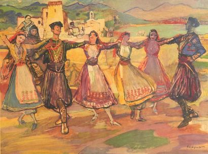 null Deux planches d'un calendrier 1956:
1. Albert Brenet (1903-2005): «Danse paysanne...