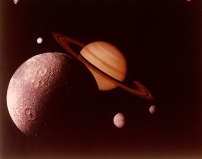 null Nasa. Photomontage représentant la planète Saturne entourée de ses lunes. 1980....
