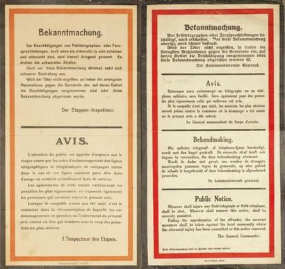 null «AVIS - 1916 - Quiconque aura endommagé un télégraphe ou un téléphone militaire,...