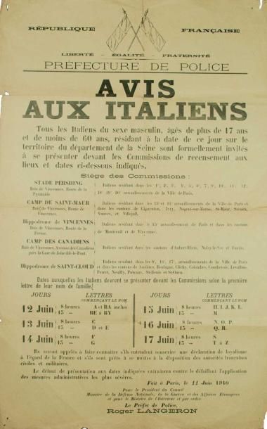 null Paris, le 11 juin 1940 - AVIS AUX ITALIENS (concerne la déclaration de loyalisme...
