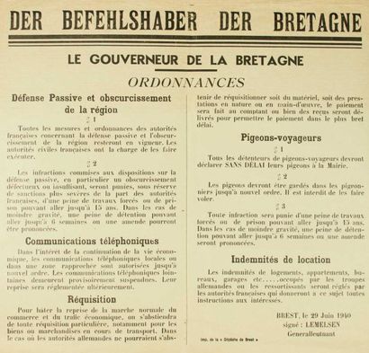 DER BEFEHLSHABER Le gouverneur de la Bretagne - Brest, le 29 juin 1940 - Ordonnances...