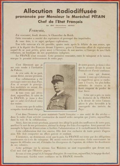 null «ALLOCUTION RADIODIFFUSEE prononcée par Mr le Maréchal Pétain, Chef de l'Etat...