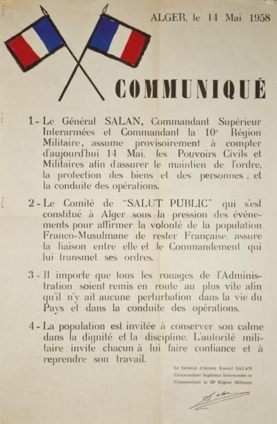 null ALGER - le 14 mai 1958 - LE GÉNÉRAL SALAN ASSUME... ... LES POUVOIRS CIVILS...