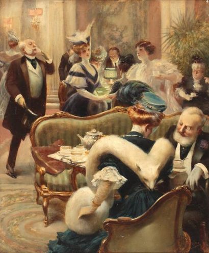 null Attribué à Albert Paul GUILLAUME

(1873 – 1942)

Réunion dans un salon parisien

Panneau

55...