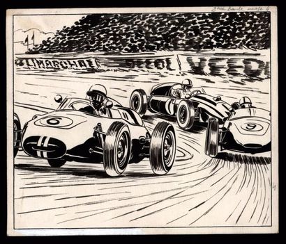 BOIVENT Jean Pierre 
Illustration avec une voiture de course pour Auto revue
Encre...