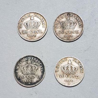null France 

4 monnaies de 20 centimes au type Napoléon 3 empereur, 1866 A, 1867...