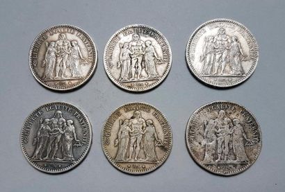 null France Republique française?Lot de 6 pièces de 5 F en argent Hercule 1873 A...