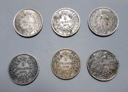 null France Republique française?Lot de 6 pièces de 5 F en argent Hercule 1873 A...