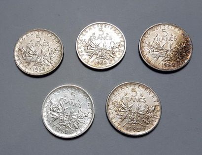 null France 

5 monnaies de 5 francs en argent années 1960, 1962, 1963, 1964, 19...