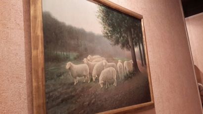 TABLEAUX ANCIENS R. Parera Moutons Huile sur toile 70 X 97 cm