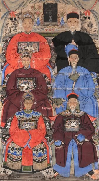 Chine, XIX° siècle Portraits d'ancêtres
Six personnages marouflés sur papier
Haut.:...