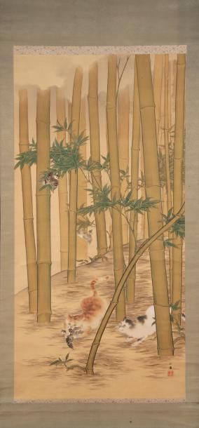 Japon, Edo 
Kakemono
Scène de chasse dans les bambous
Papier marouflé sur soie
Haut.:170...
