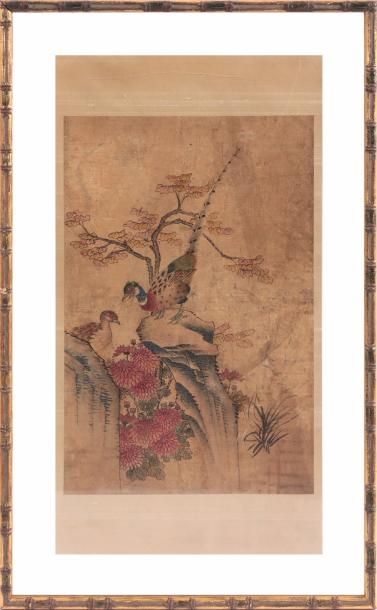 null Peinture avec pivoines et faisans
Encadrement bambou doré
70 x 50 cm