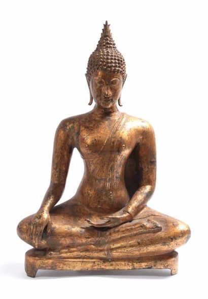 Thaïlande XVIII° siècle Bouddha En bronze anciennement doré
Haut.: 56 cm