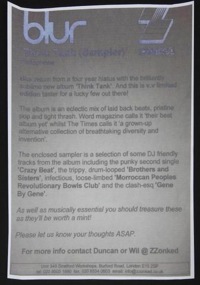 BANKSY BLUR "Think Tank" Promo. Impression sur pochette disque Offset print on vinyl...