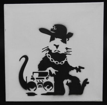 BANKSY Pochoir original à l'aérosol sur toile figurant un rat écoutant de la musique....