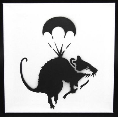 BANKSY Pochoir original à l'aérosol sur toile figurant un rat avec un parachute....