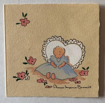 BOSSAERT A.-M. Illustration originale représentant un enfant sur coussin en forme...
