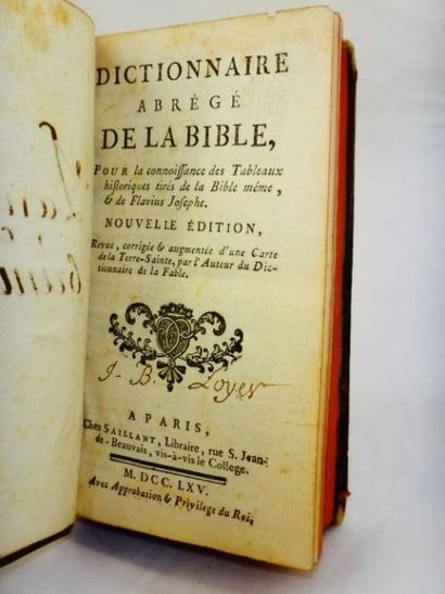 Dictionnaire abrégé de la Bible. Paris, Chez Saillant, 1765. Reliure plein veau d'époque,...
