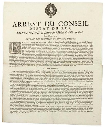 PARIS. 1717. LOTERIE - «Arrest du Conseil...