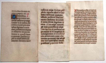ENLUMINURES du XVe Siècle. 3 pages calligraphiées...