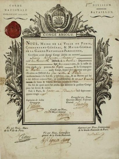 «GARDE NATIONALE PARISIENNE SOLDÉE.» 1791.
Congé...