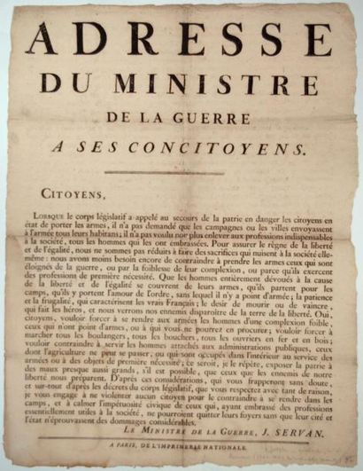 null 1792. «ADRESSE de SERVAN Ministre de la Guerre (en 1792), à ses Concitoyens»...