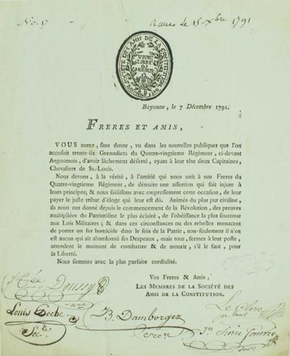 null PYRÉNÉES ATLANTIQUES. 1791. - Lettre imprimée avec Signatures autographes des...