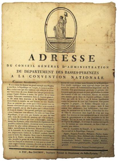 null PYRÉNÉES ATLANTIQUES. 1793 - "ADRESSE du Conseil Général d'Administration du...