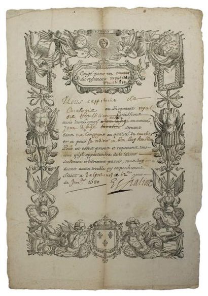 null (CONGÉ LOUIS XIV. 1680. ROYAL ROUSSILLON CAVALERIE) - Congé militaire absolu...