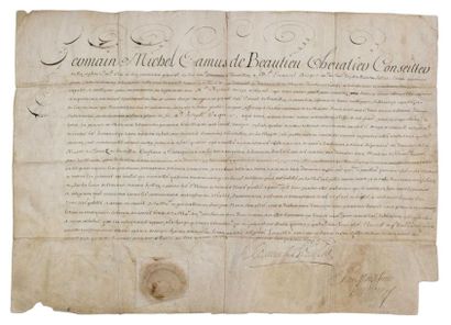 null ROUSSILLON. 1691. Parchemin signé Germain Michel CAMUS DE BEAULIEU Chevalier,...
