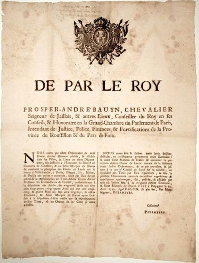 null ROUSSILLON & Pays de FOIX. 1732. - «Prosper-André BAUYN Seigneur de Jallais.....