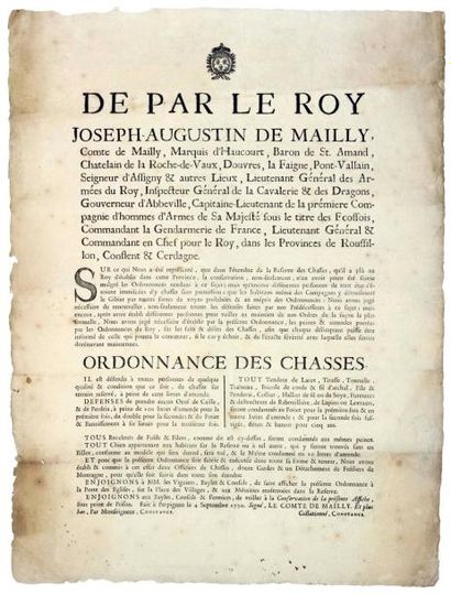null ROUSSILLON. 1750. CHASSE - "De par le ROY, Joseph Augustin DE MAILLY, Comte...