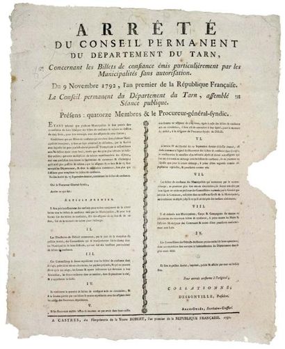 null TARN. 1792. (BILLETS DE CONFIANCE).
Arrêté du CONSEIL PERMANENT du Département...