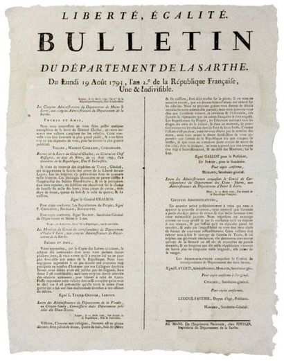 null GUERRE DE VENDÉE. 1793. SARTHE - Bulletin du Département de Sarthe du 19 Août...