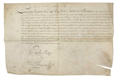 null (LOUIS XIV. CALVADOS.) Parchemin signé LOUIS XIV (Secrétaire), contresignée...