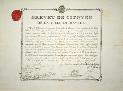 null CALVADOS. RÉVOLUTION. 1790. «BREVET DE CITOYEN DE LA VILLE DE BAYEUX» en faveur...